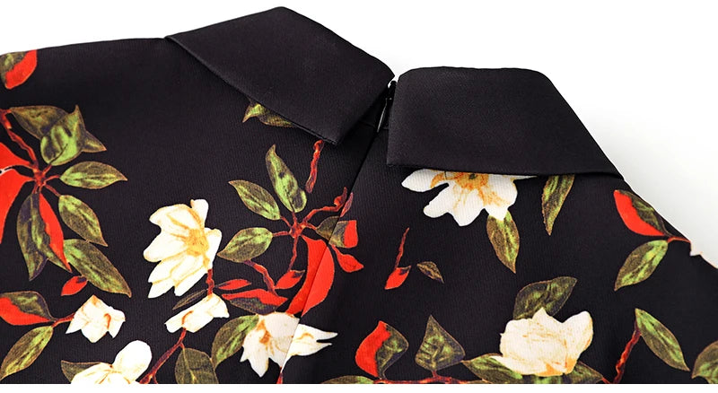 Women's Black Floral Print A-Line Dress - Autumn 2024 Elegant Chiffon Long Sleeve