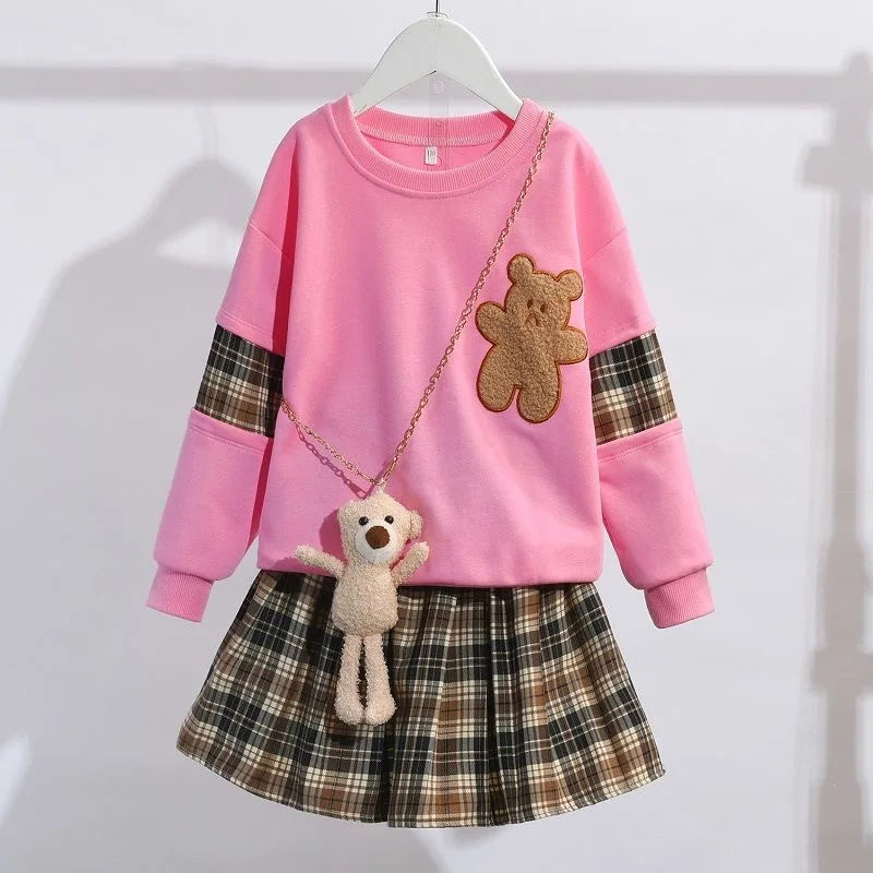 Adorable Bear Sweatshirt & Plaid Skirt Set for Girls