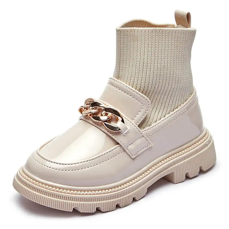 Girls' Leather Princess Boots with Metal Chains & Woven Stitching