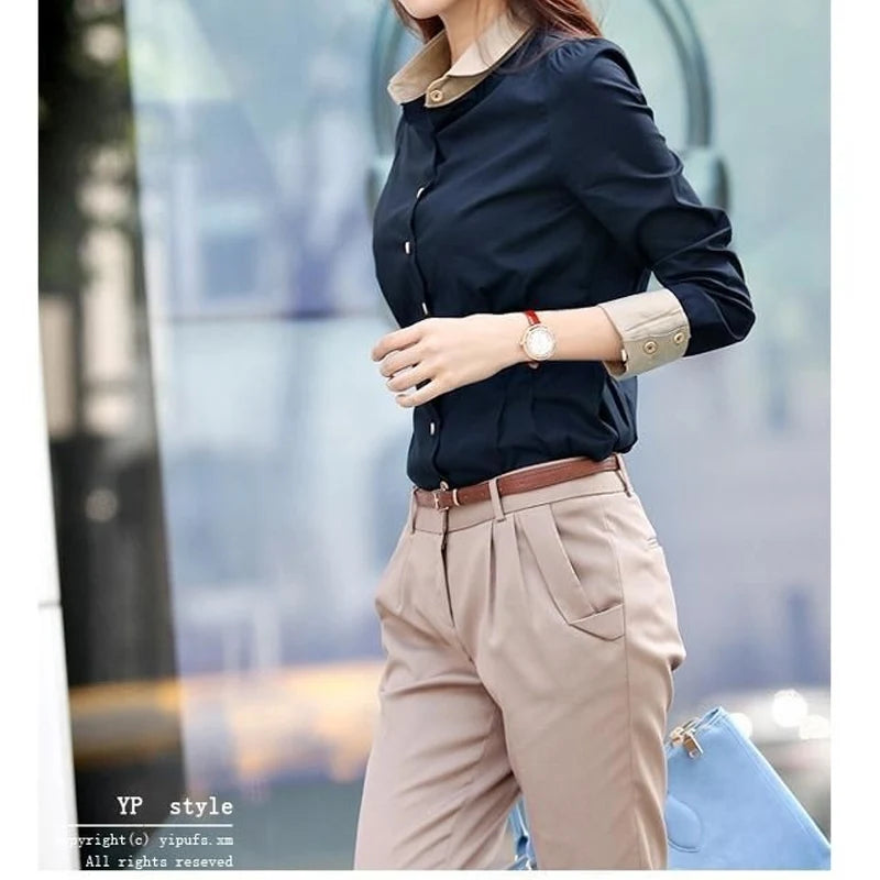 Spring Women's Patchwork Shirt – Long Sleeve Slim Fit Polo Blouse