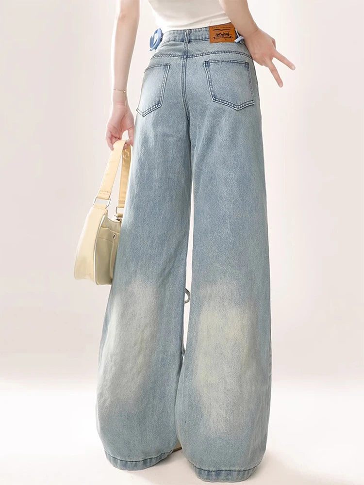 Women's Blue Cargo Jeans Harajuku - Baggy Bow Denim Trousers Vintage Streetwear