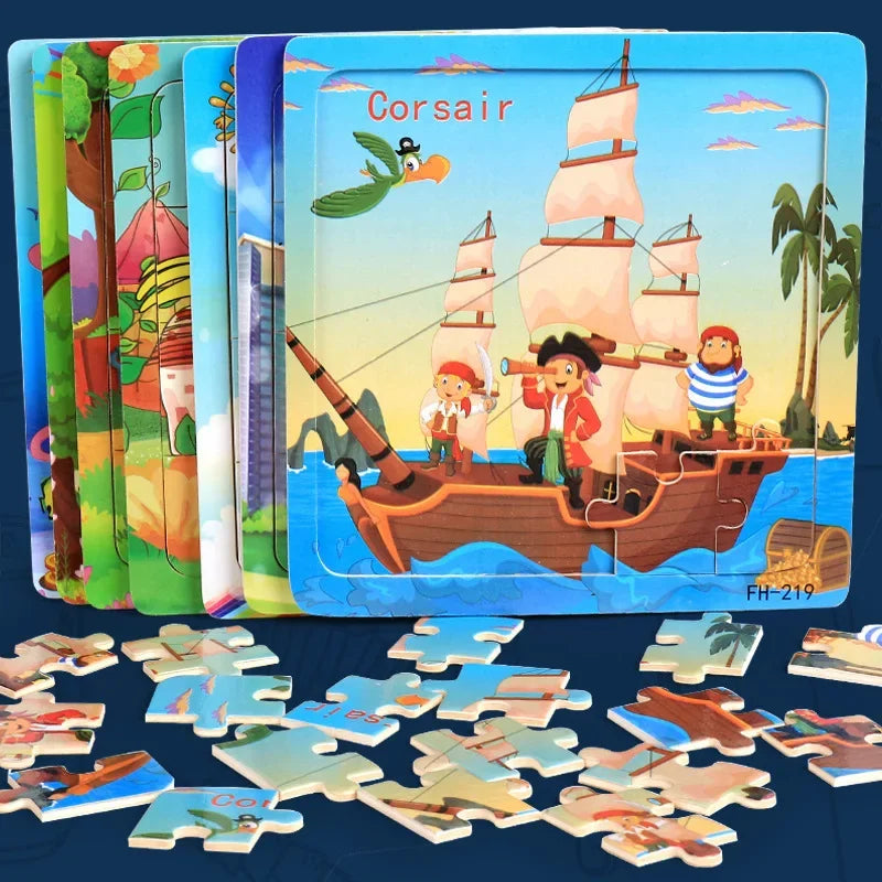 Mini Montessori 3D Wooden Puzzle – 20-Piece Cartoon Animal & Vehicle Jigsaw Educational Toy for Early Learning
