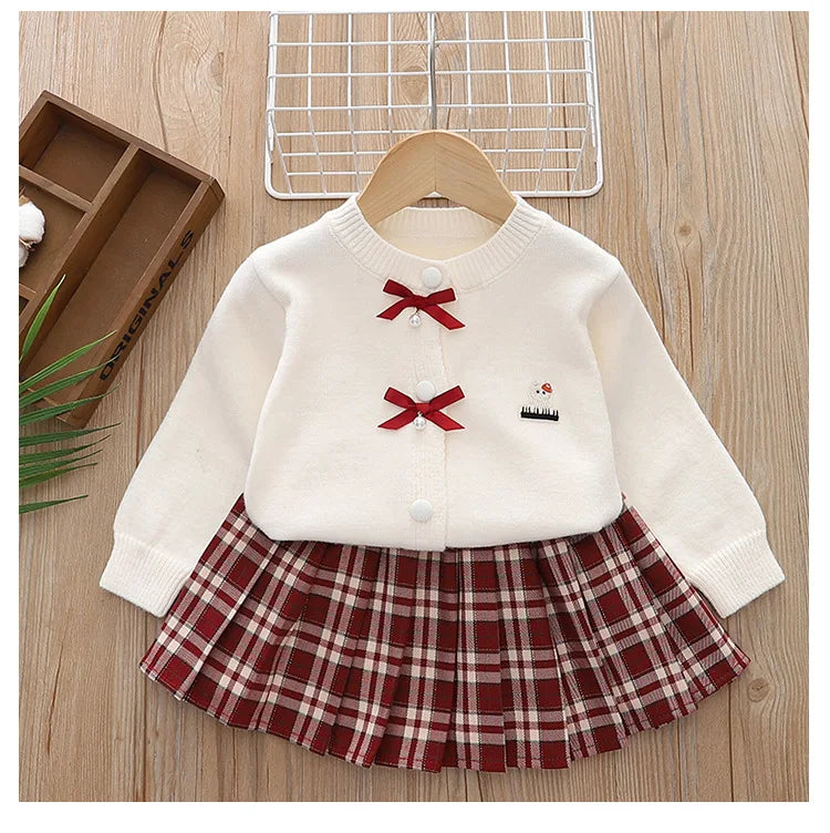Autumn/Winter Baby Girl 2PCS Sweater Set - Knit Bow Coat & Plaid Skirt