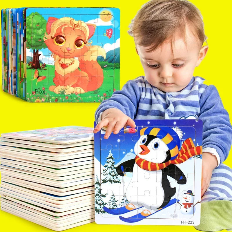 Mini Montessori 3D Wooden Puzzle – 20-Piece Cartoon Animal & Vehicle Jigsaw Educational Toy for Early Learning