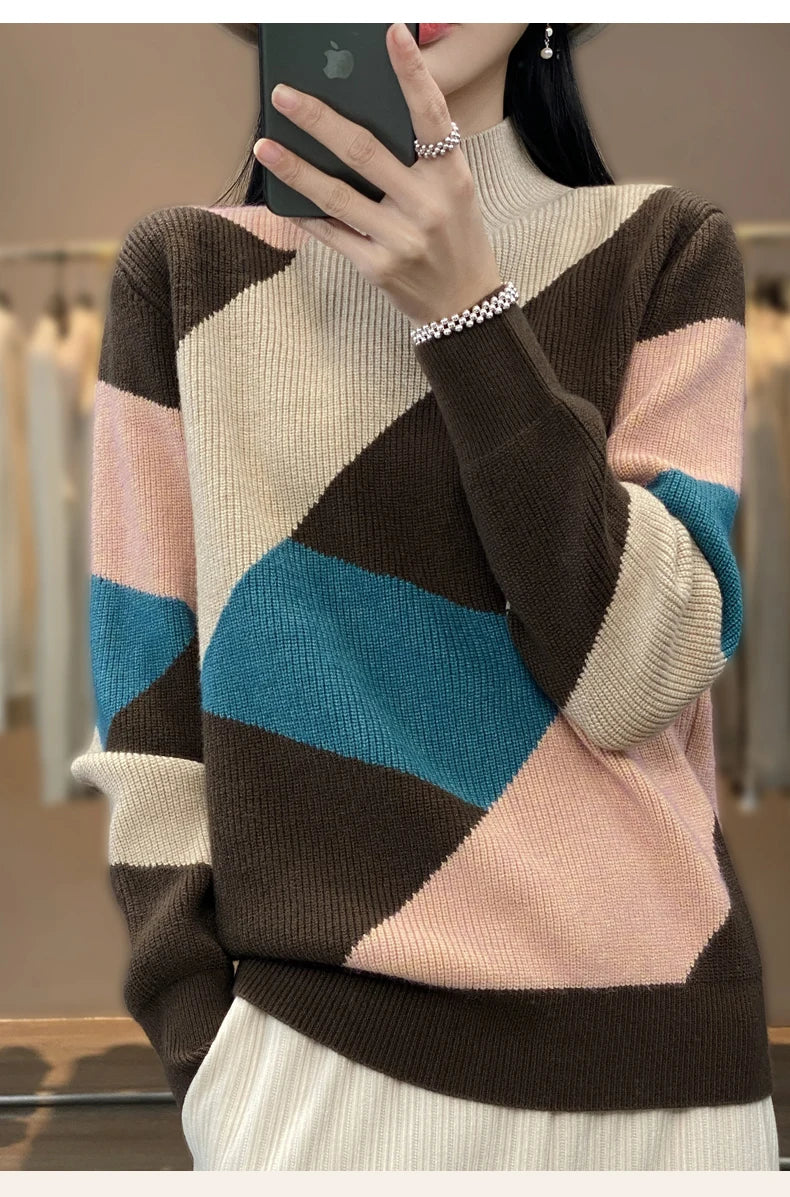 Autumn/Winter Women's Cashmere Patchwork Pullover Sweater