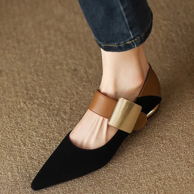 Women's Suede High Heels – Square Toe Pumps with Metal Decoration, Black/Apricot