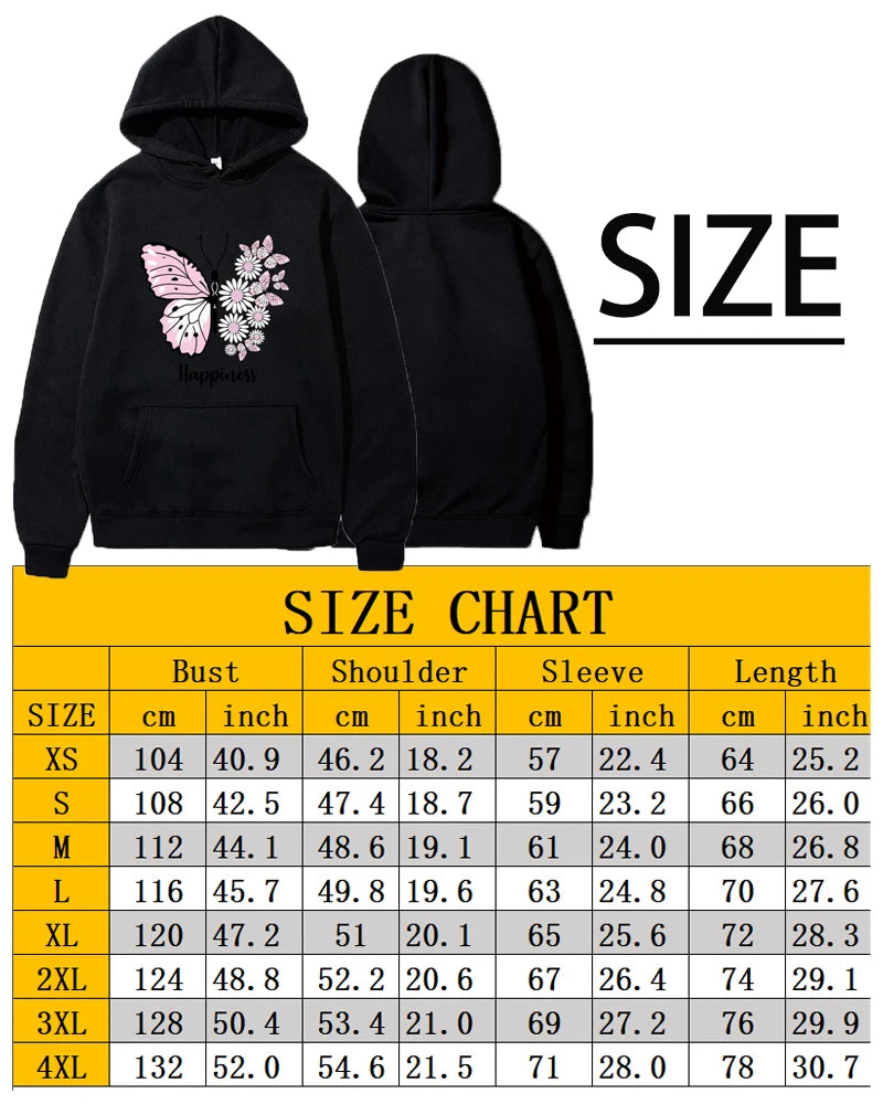 Women's Butterfly Print Hooded Pullover Sweatshirt - Casual, Black, XS-4XL