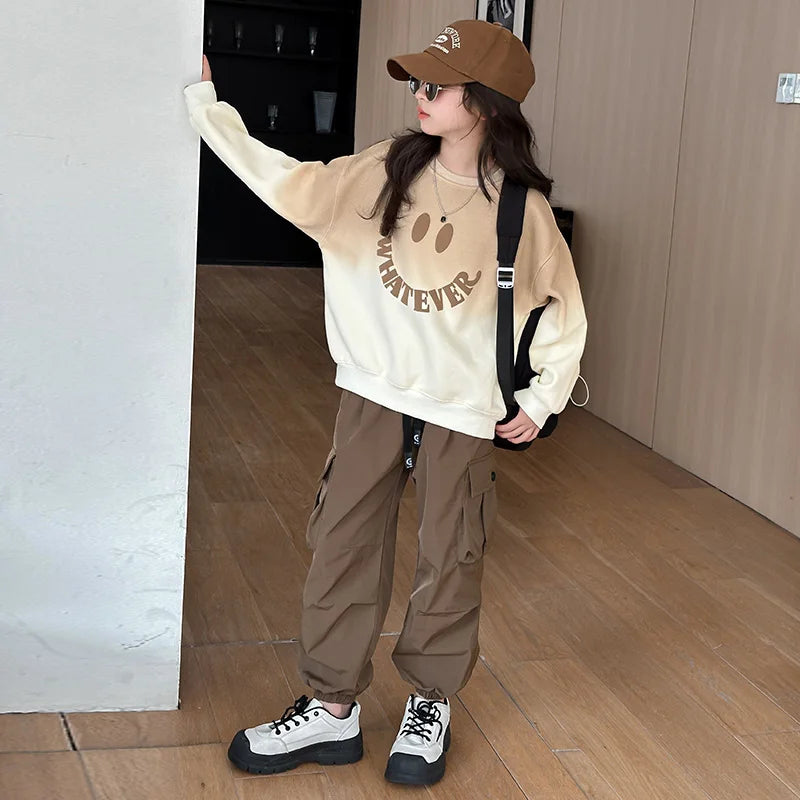 Girls' Casual Smiley Face Print Clothing Set
