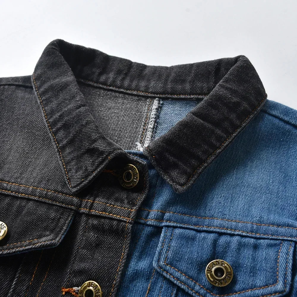 Children Boys' Casual Denim Jacket – Black & Blue Spliced, Turn-Down Collar