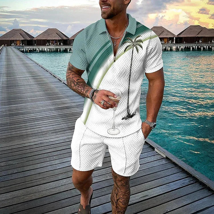 Men's 3D Print Summer Tracksuit - Short Sleeve Polo Jogging Set