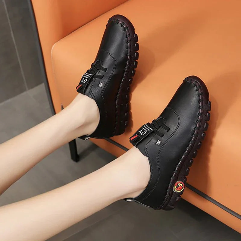 Women's PU Leather Sports Shoes - Large Size Running Sneakers with Elastic Straps