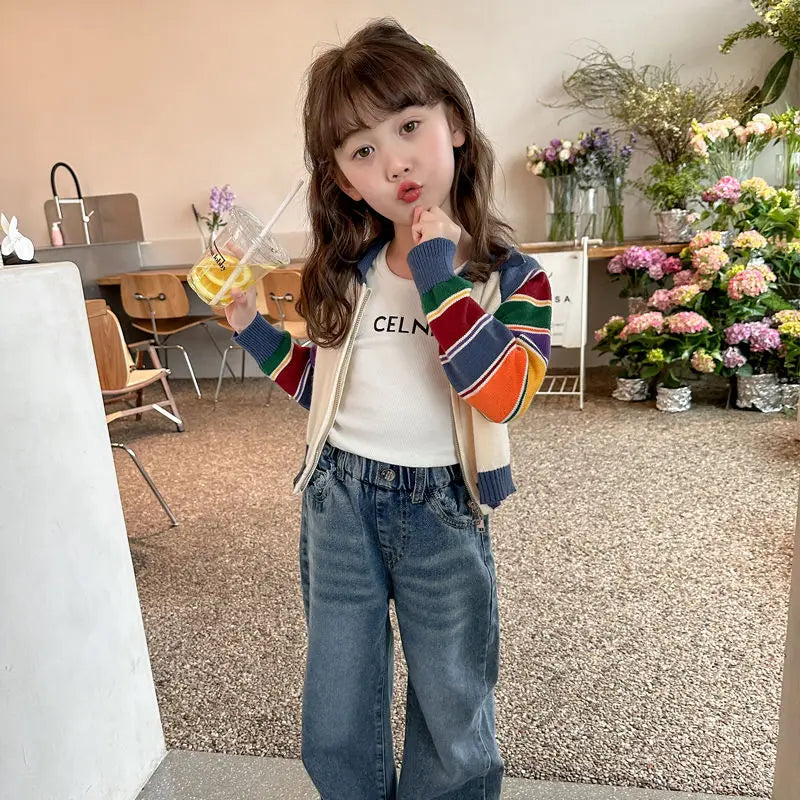 Korean Girls' Cardigan: Patchwork Long Sleeve Sweater (Autumn/Winter)