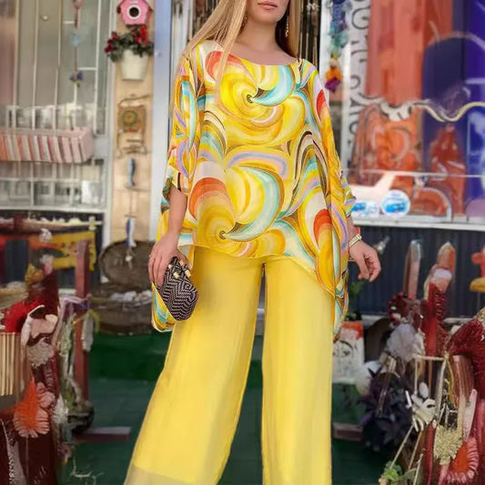 Women's Chiffon Printed Two-Piece Set – Elegant Long Sleeve Top & Wide Leg Pants