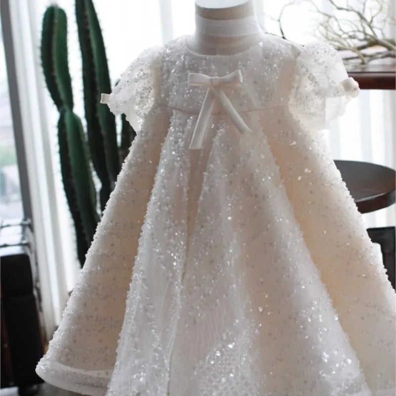 Baby Girl Princess Sequins Tulle Dress – Puff Sleeve Party Dress with Bow for Infants and Toddlers (1-7 Years)