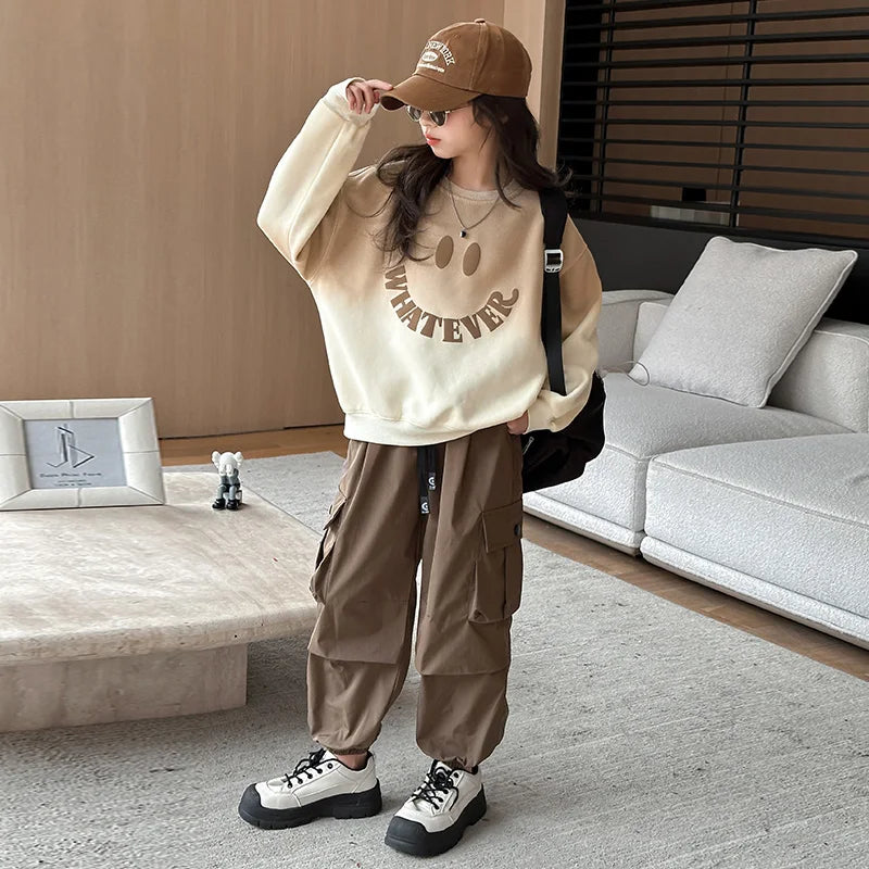 Girls' Casual Smiley Face Print Clothing Set