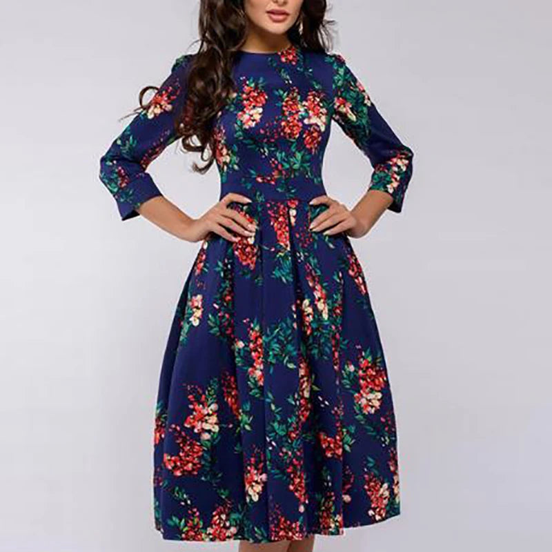 Spring Autumn Office Lady Knee Length Elegant Vintage Long Sleeve Party Dresses Women Floral Printed Dress