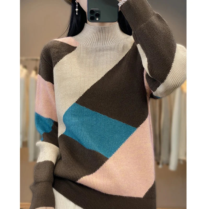 Autumn/Winter Women's Cashmere Patchwork Pullover Sweater