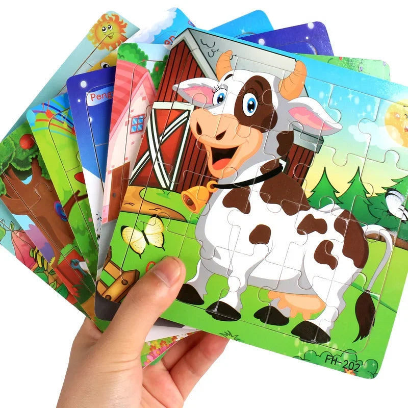 Mini Montessori 3D Wooden Puzzle – 20-Piece Cartoon Animal & Vehicle Jigsaw Educational Toy for Early Learning