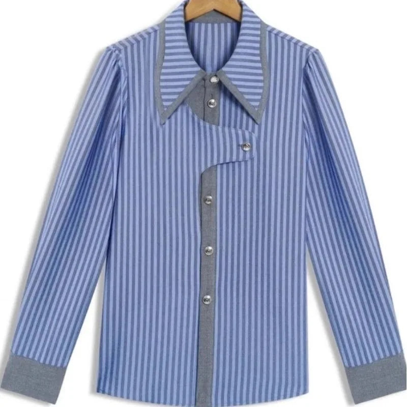 Spring Women's Retro Striped Blouse – Lapel, Asymmetric Spliced Long Sleeve Shirt