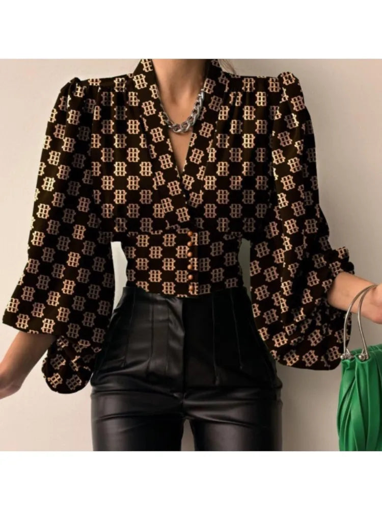 Women’s V-Neck Lantern Sleeve Printed Shirt - 2024 latest collection