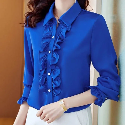 Spring/Autumn Women's Chiffon Shirt – Turn-Down Collar, Ruffles, and Lantern Sleeve Casual Elegant Top