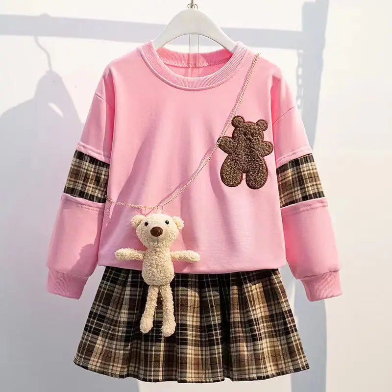 Adorable Bear Sweatshirt & Plaid Skirt Set for Girls