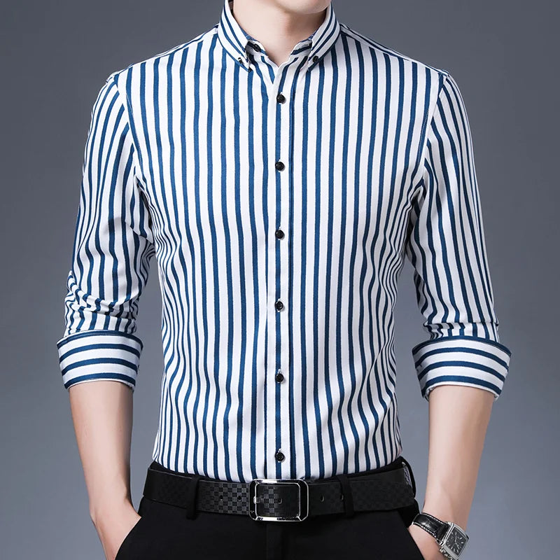 Men's Stretch Long Sleeve Shirt with Colorful Stripes – Soft, Breathable, Business Casual Style