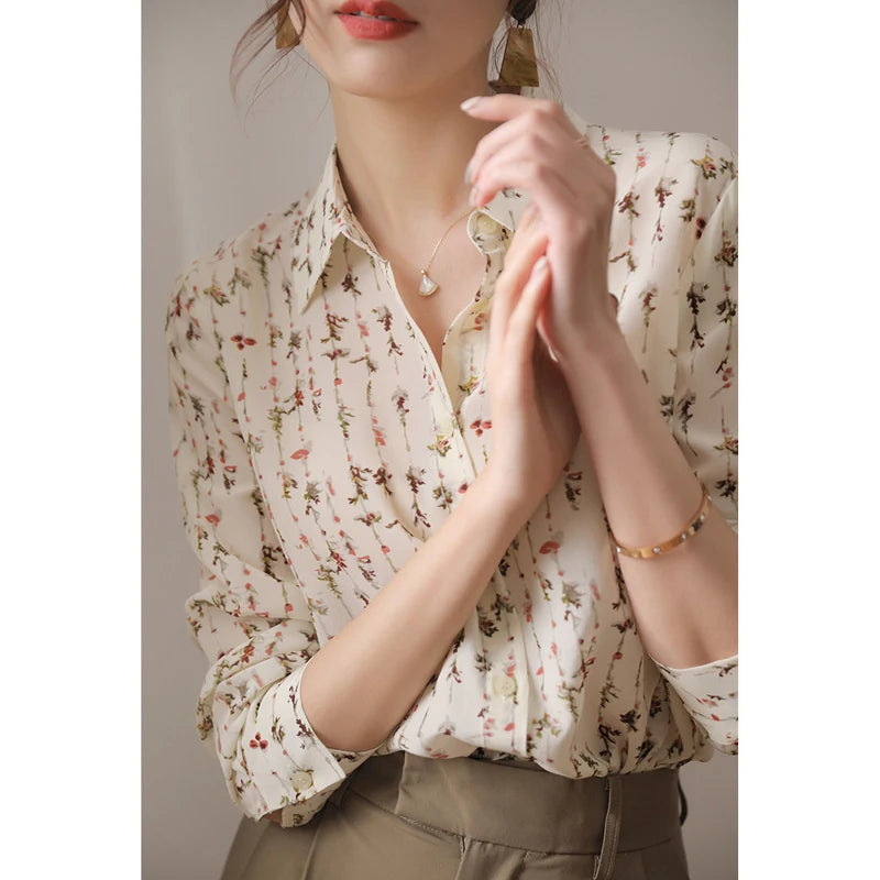 Women’s Floral Printed Button Shirts – Elegant Chic Blouse for Business Casual Office Wear in Spring and Autumn