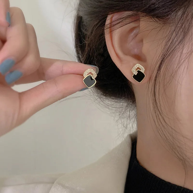 Light Luxury Black Enamel Geometric Square Stud Earrings
