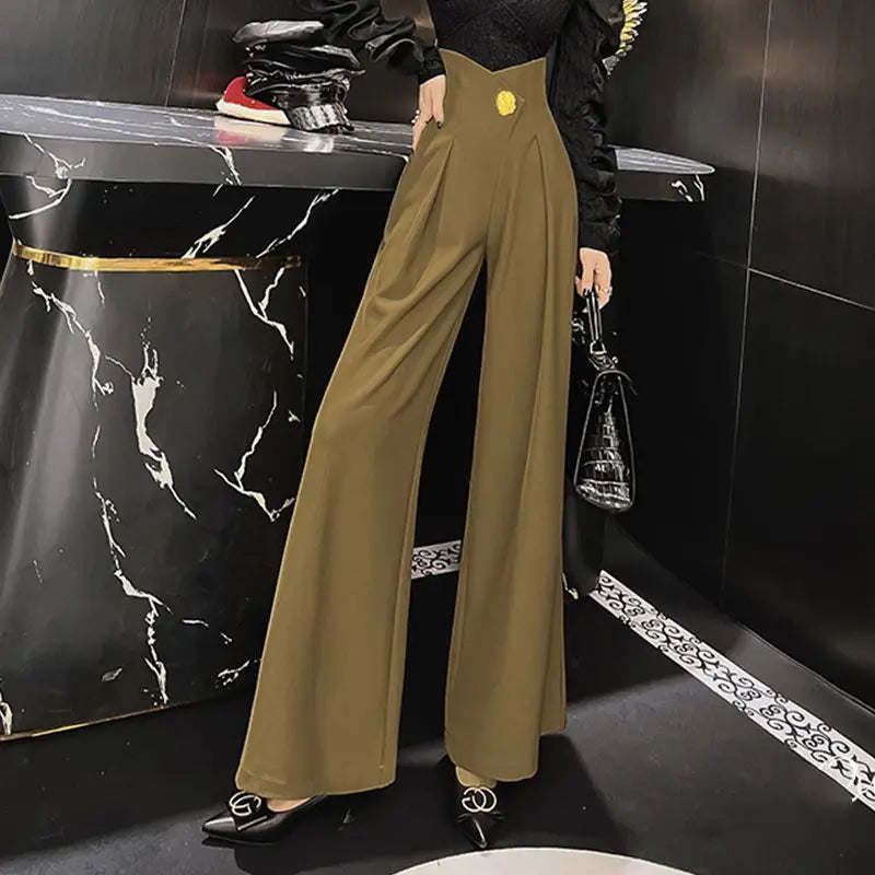 Stylish High Waist Wide-Leg Pants – Spring/Autumn Trousers with 3D Folded Decoration for Women