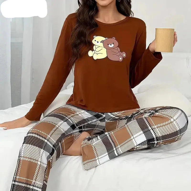 Autumn Winter Heart Print Pajamas for Women - Milk Silk Sleepwear