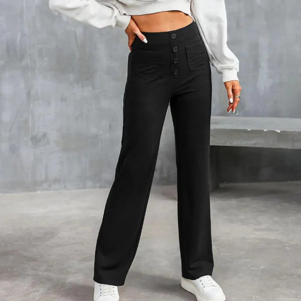 Stylish High-Waist Slouchy Pants - Women's Wide-Leg Trousers with Button Closure, Elastic Pockets, Casual Solid Color