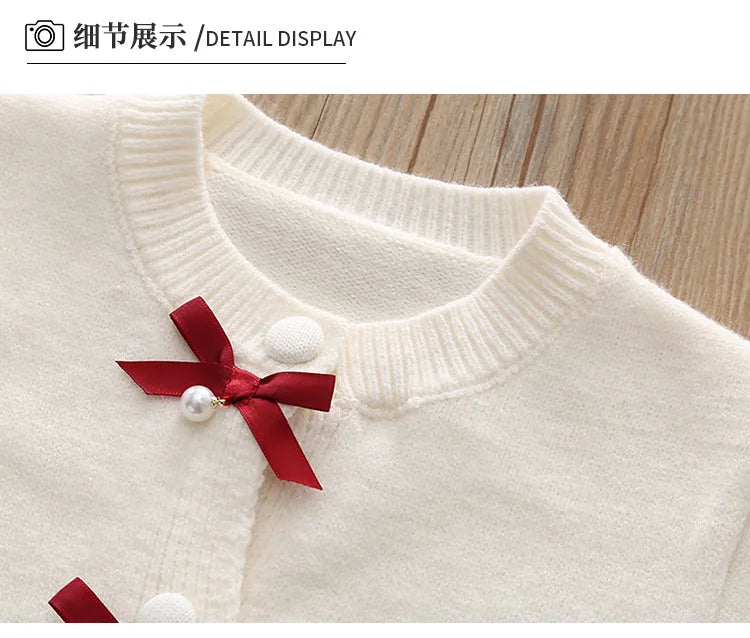 Autumn/Winter Baby Girl 2PCS Sweater Set - Knit Bow Coat & Plaid Skirt