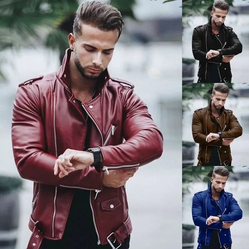 New autumn and winter men Pu leather coat large size standing collar fashion slim zipper leather jacket