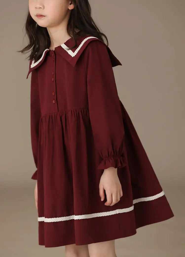 Girls' Red Long Sleeve Dress – Turn-Down Collar Casual Spring Princess Outfit (Ages 6-15)