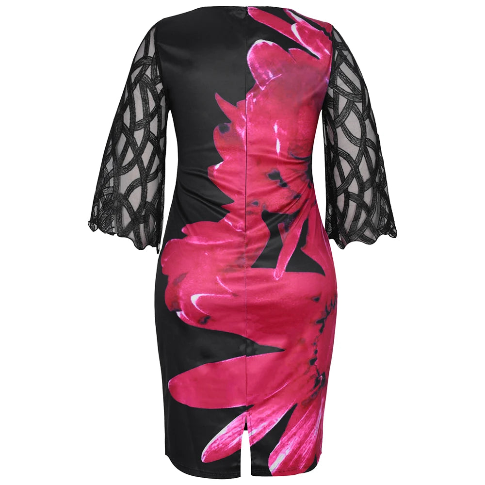 Women's Summer Floral Print Dress – Elegant Mesh Sleeve, Casual Birthday/Party Dress, 3XL/4XL
