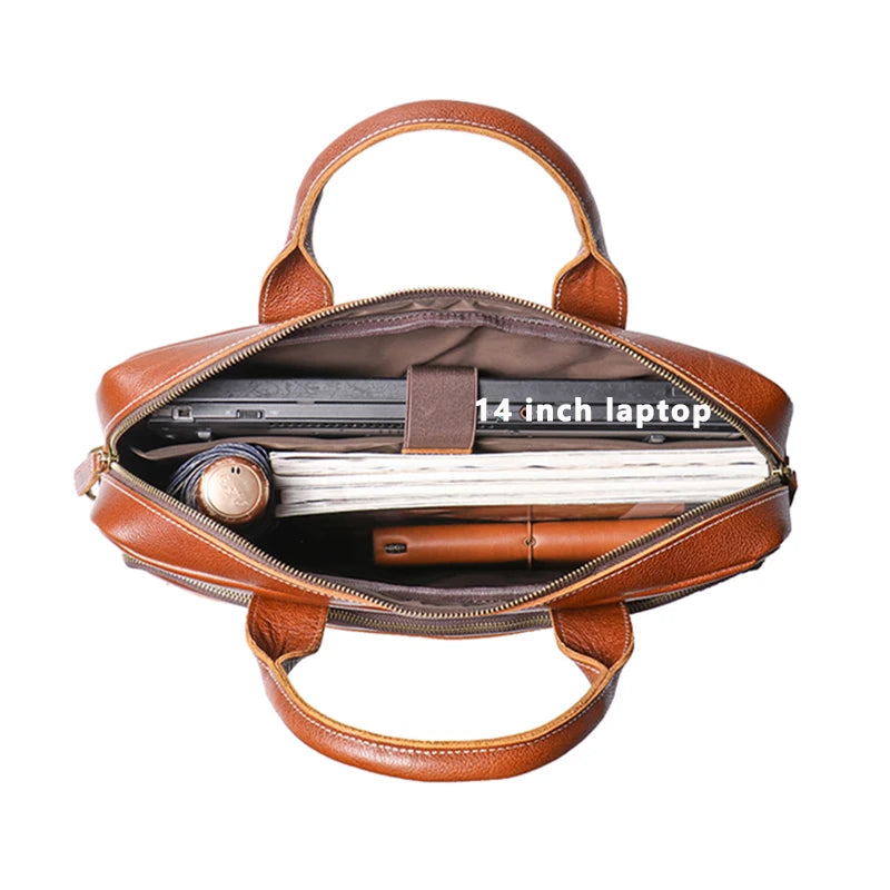 Leathfocus Vintage Cowhide Briefcase – 14" Laptop Bag & Crossbody Shoulder Bag