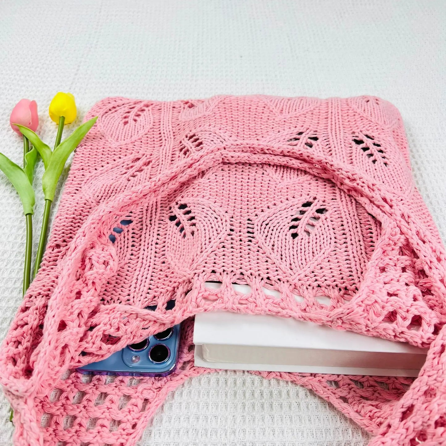 Knitted Beach Tote - Lightweight Woven Handbag for Women and Girls, Casual Shoulder Bag