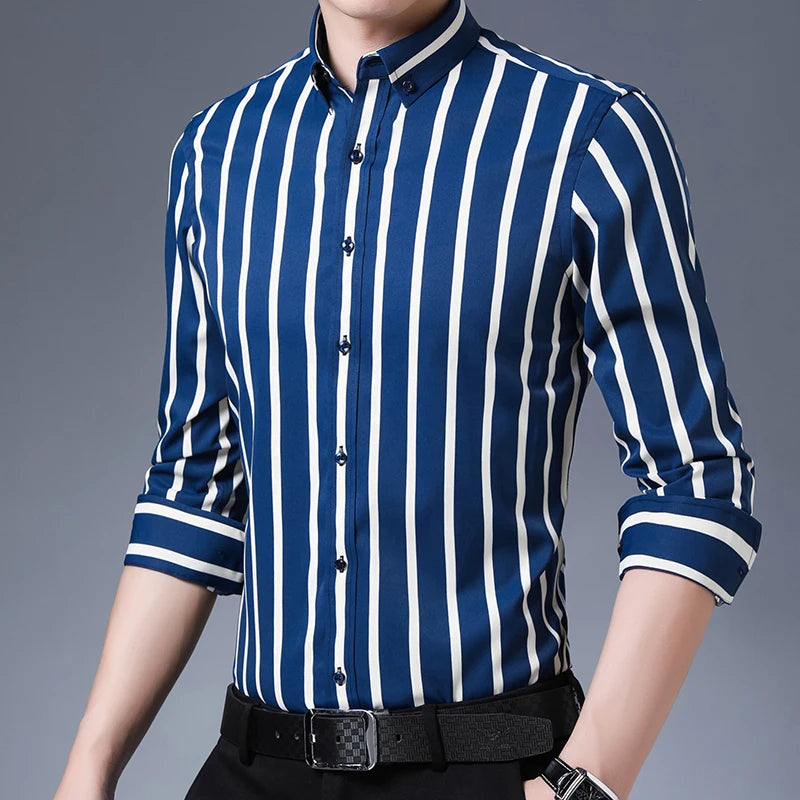 Men's Stretch Long Sleeve Shirt with Colorful Stripes – Soft, Breathable, Business Casual Style