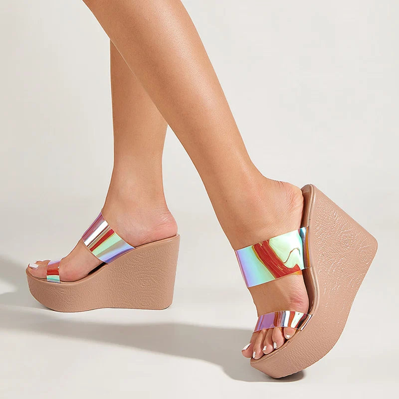 Fashionable Yellow Wedge Shoes – High Heel Open Toe Transparent Slides