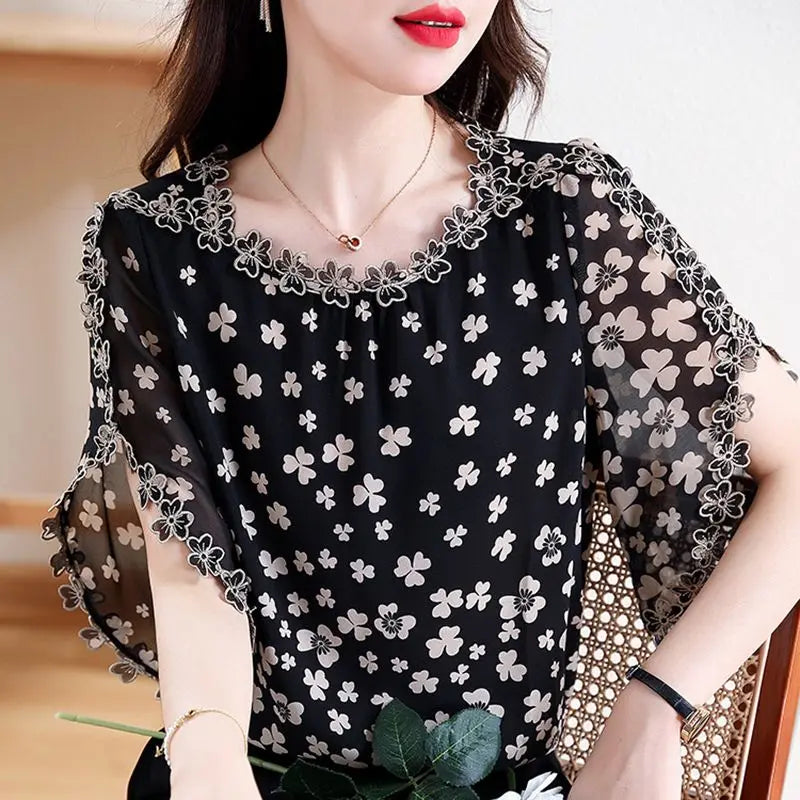 Women's Summer Elegant Chiffon Shirt – Loose Hollow Out O-Neck Short Sleeve Top for Casual All-Match Style