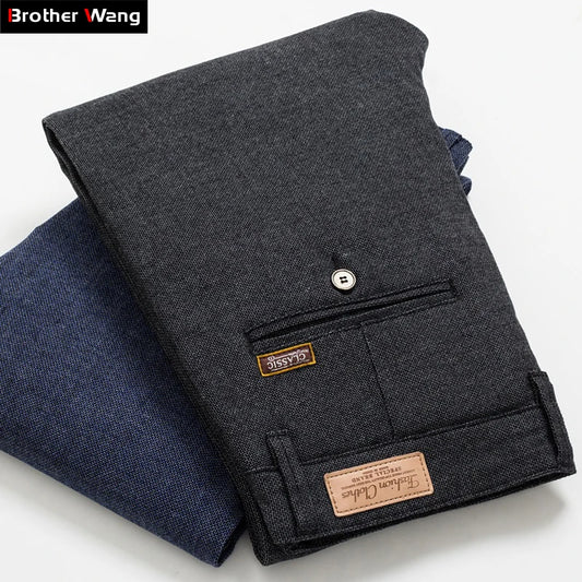 Men's Slim Casual Pants Fashion Business Stretch Trousers Male Brand Plaid Pant Black Blue
