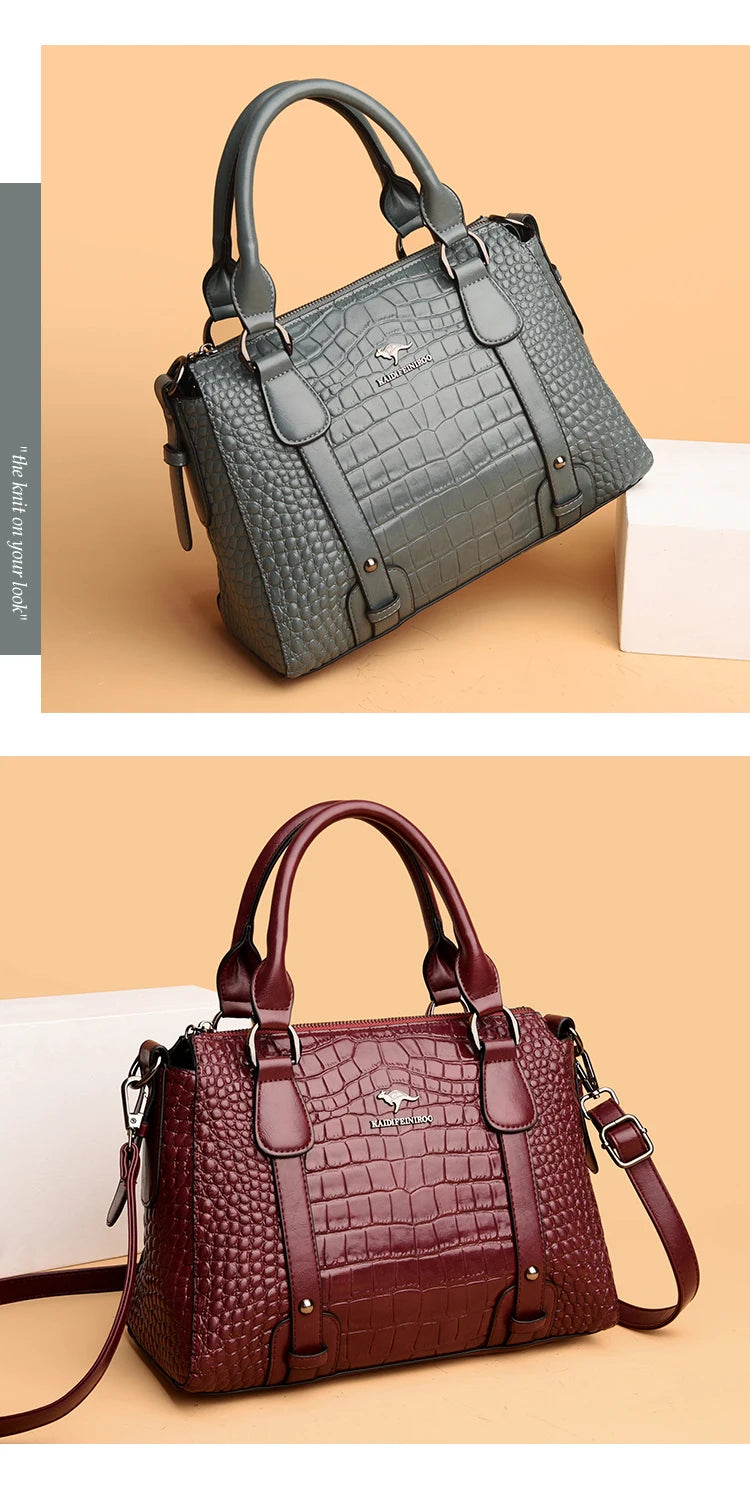 Luxury Genuine Leather Handbag - Women's Crocodile Pattern Shoulder & Crossbody Bag, Large Capacity Casual Tote