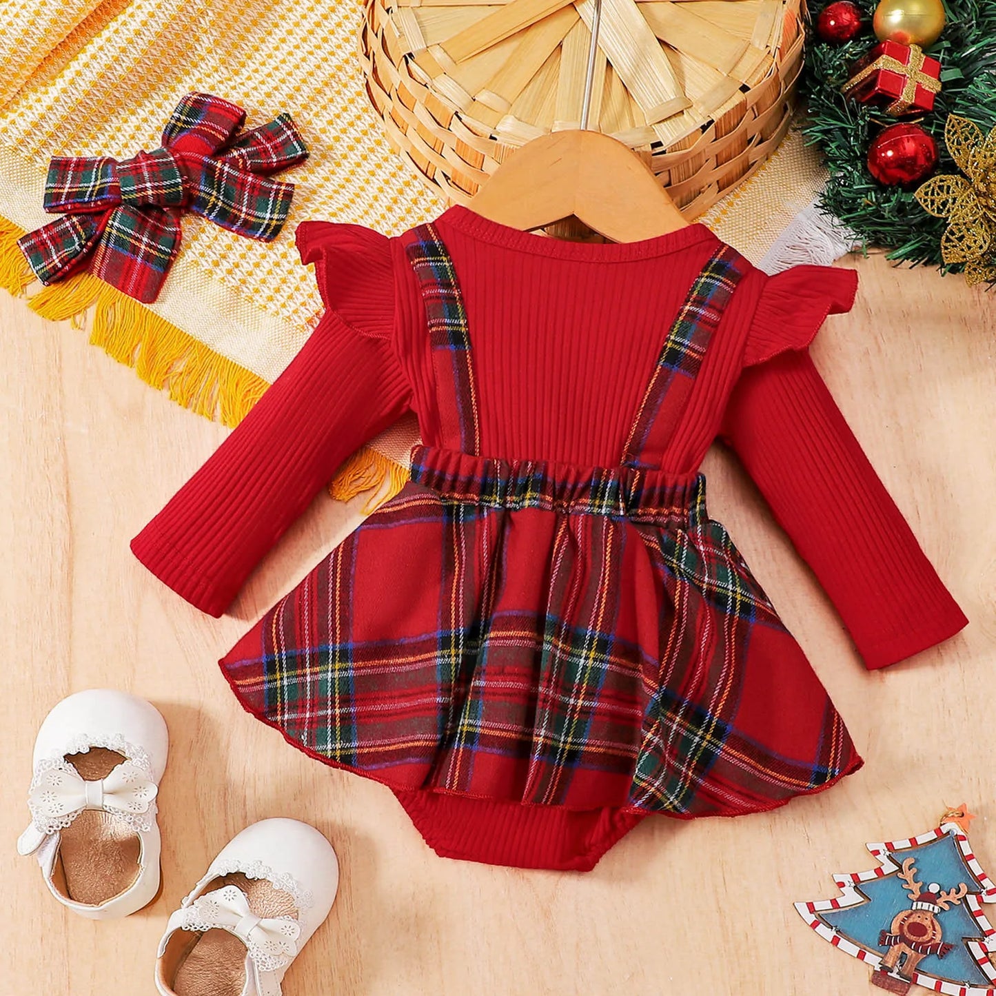 Infant Girls Plaid Romper & Headband Set – Long Sleeve Bodysuit