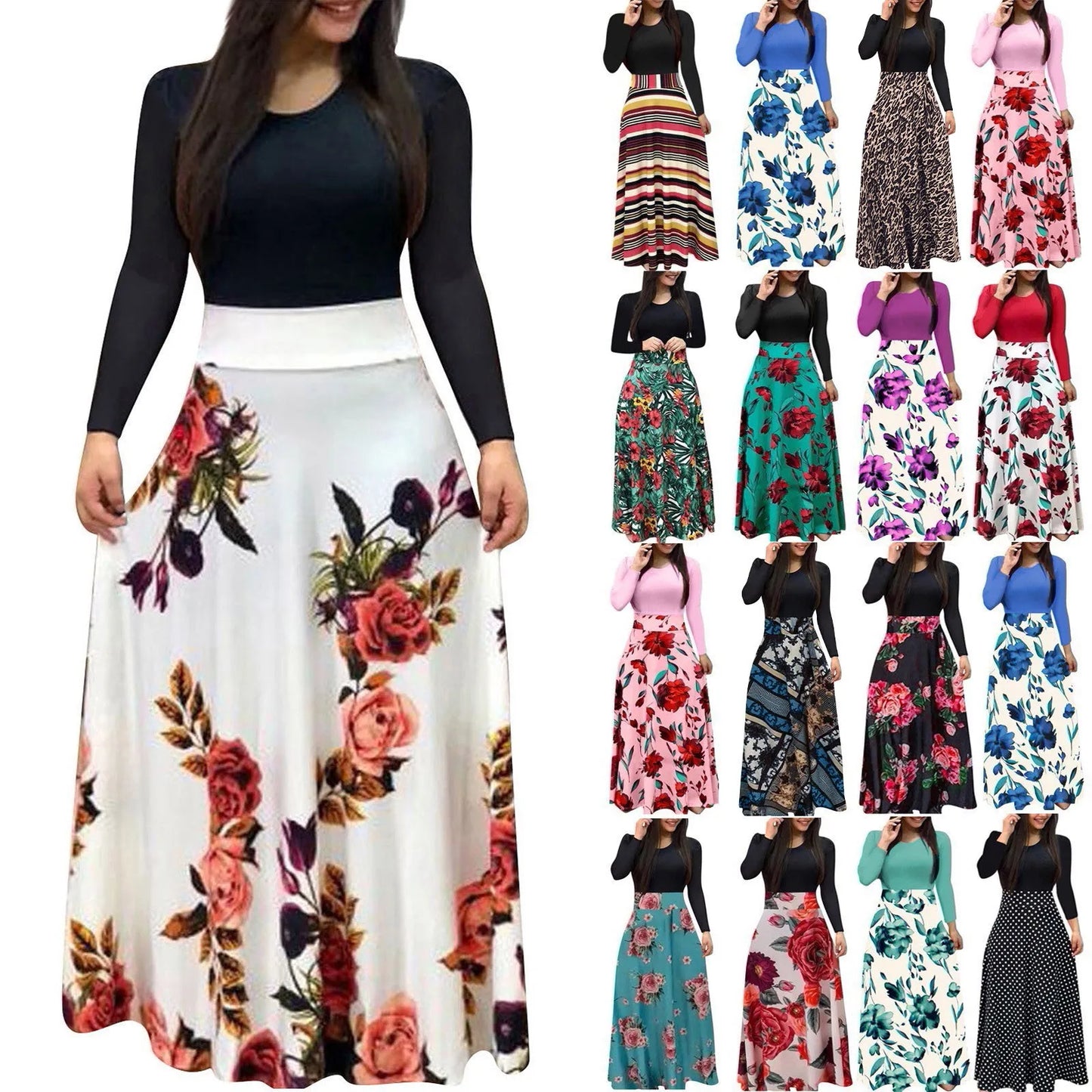 Floral Print Long Sleeve Maxi Dress - Women's Loose Holiday Wedding Party Dress