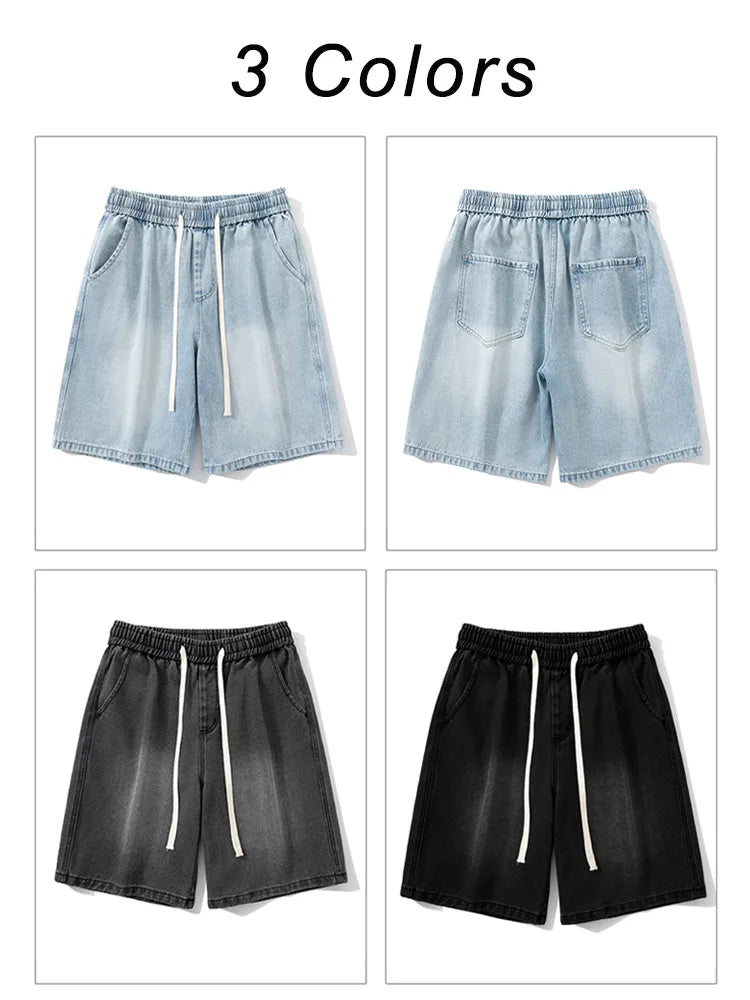 Summer Denim Shorts Men Korean Fashion Washed Cotton Baggy Drawstring Casual Shorts