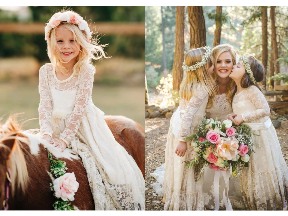 Flower Girl Dress: Long Sleeve White & Beige Summer Dress