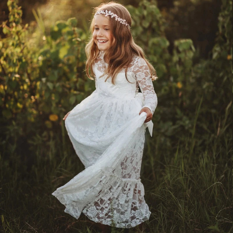 Flower Girl Dress: Long Sleeve White & Beige Summer Dress