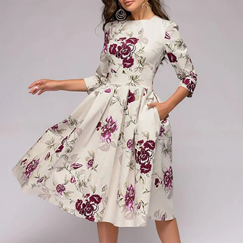 Spring Autumn Office Lady Knee Length Elegant Vintage Long Sleeve Party Dresses Women Floral Printed Dress
