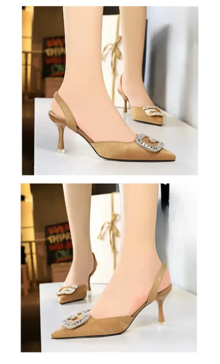 Women Shoes High Heels Shallow Pocket Tip Velvet Hollow Out Metal Buckle Sandals Fashionable Ladies Shoes